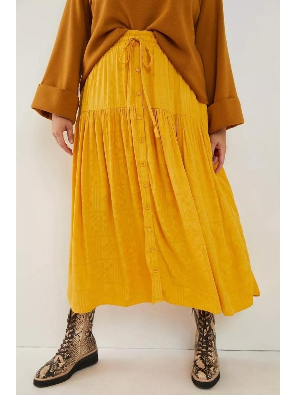 Anthropologie Mustard Yellow Button-Front Midi Skirt